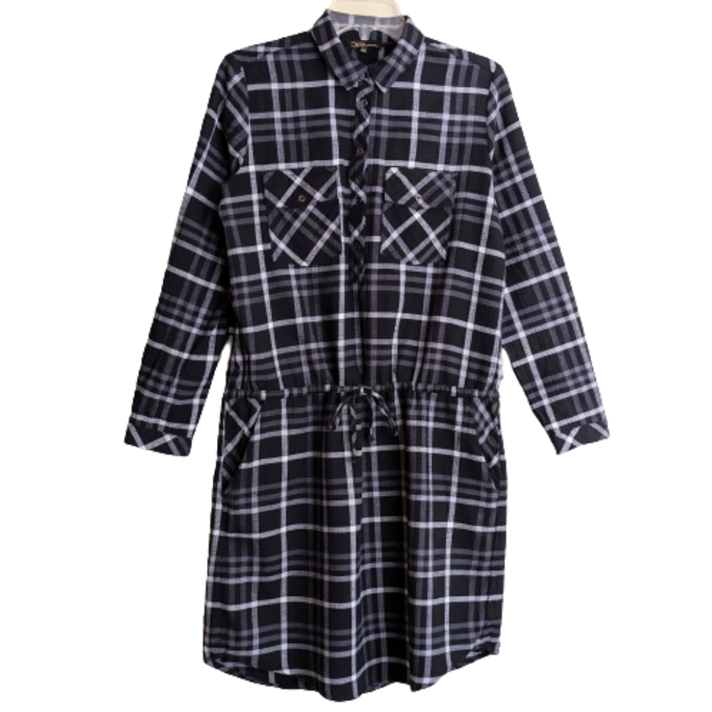 Dalia Shirt Dress Black Flannel Plaid Drawstring Waist Roll-tab Long Sle…